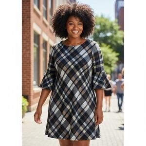 JESSICA HOWARD Size 3X Black & Brown Plaid Dress, Lined, Flared Sleeves A005